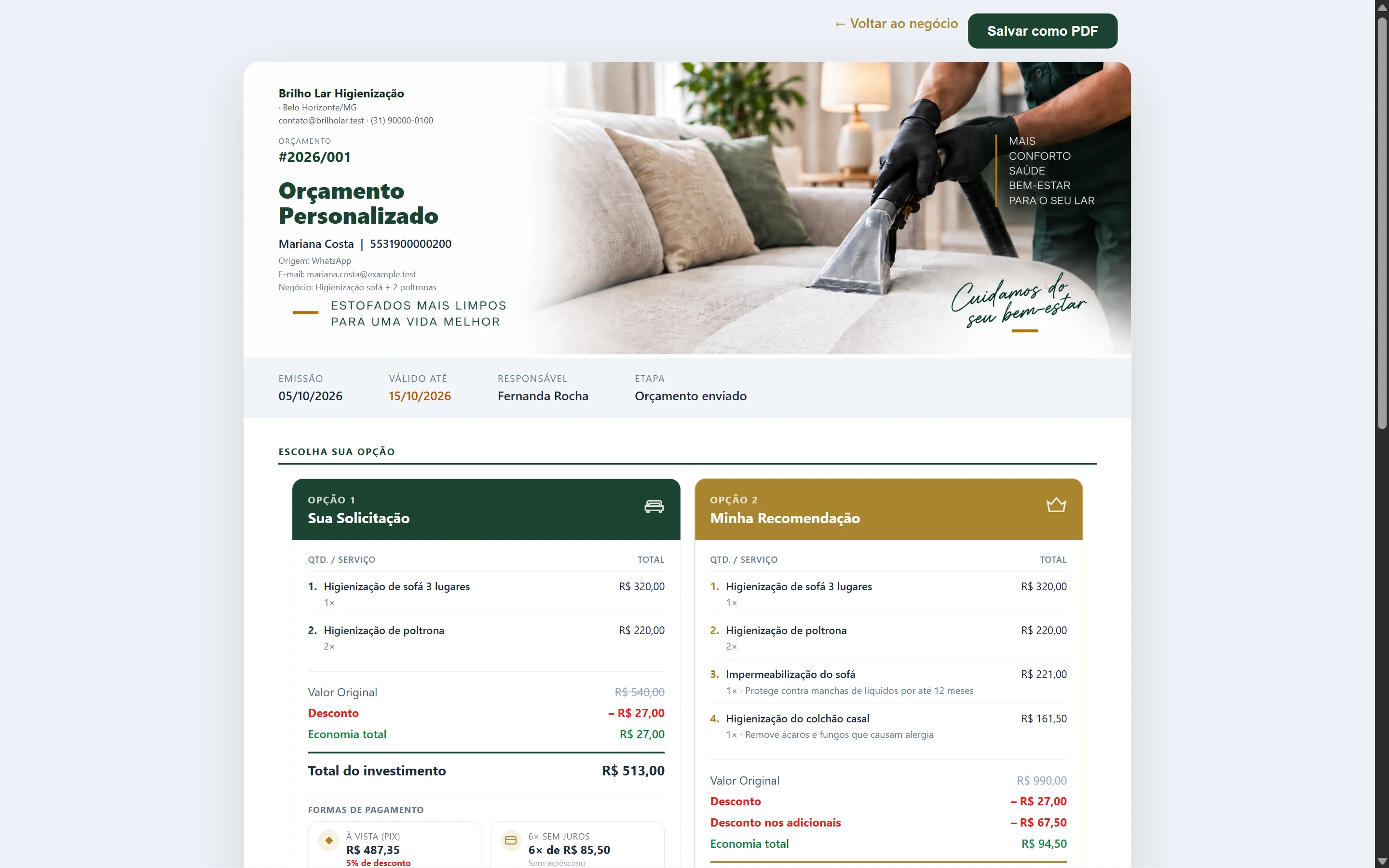 Orçamento com opção recomendada e serviços adicionais