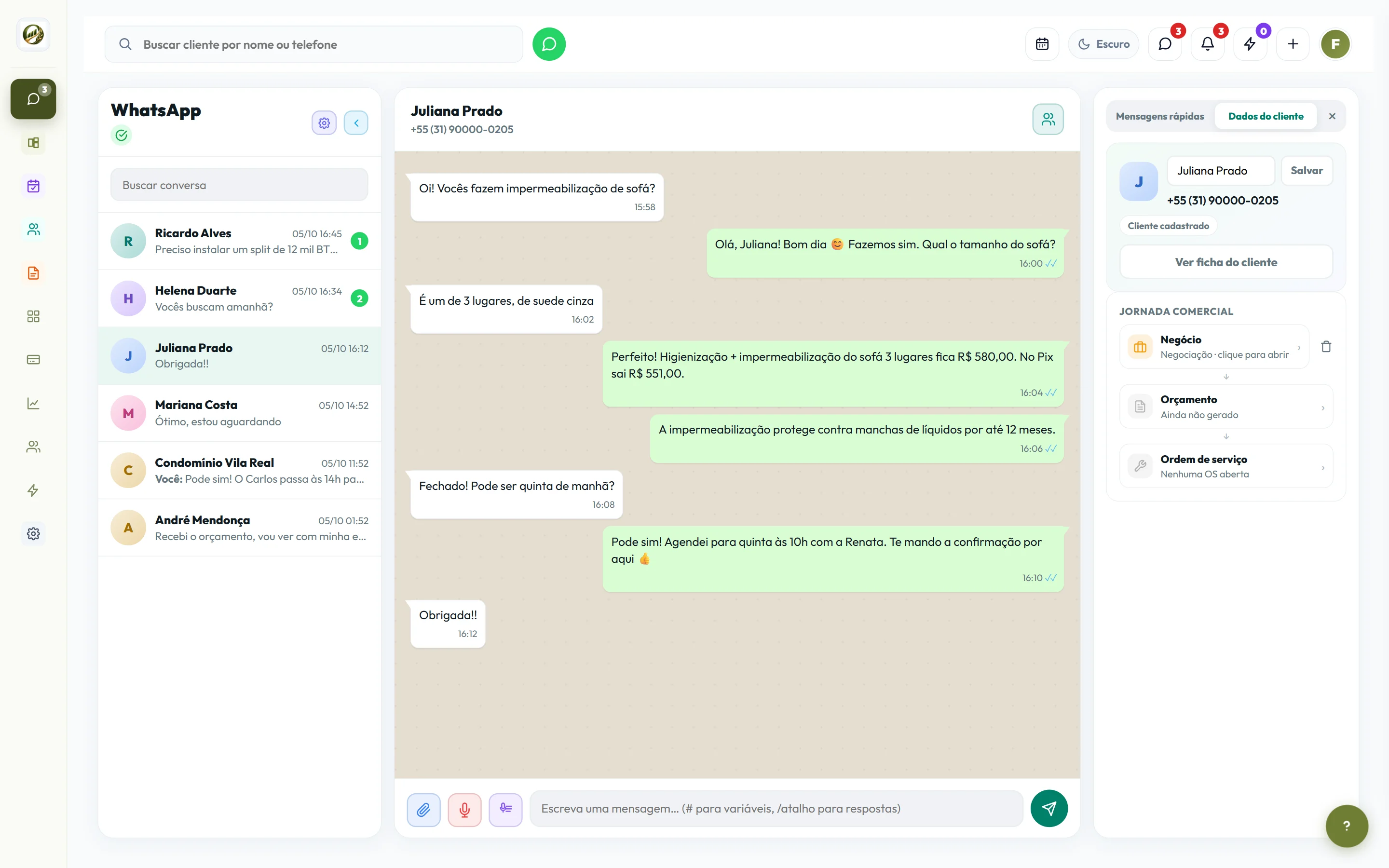 Conversa do WhatsApp ao lado do negócio do cliente