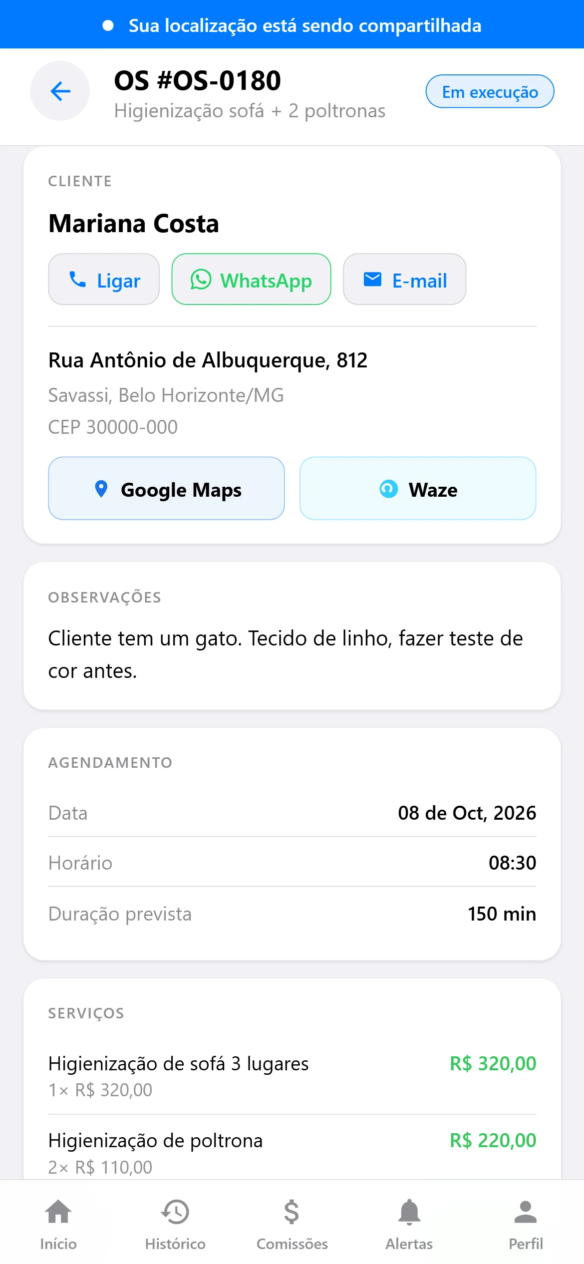 Detalhe da OS com contatos, endereço e rota