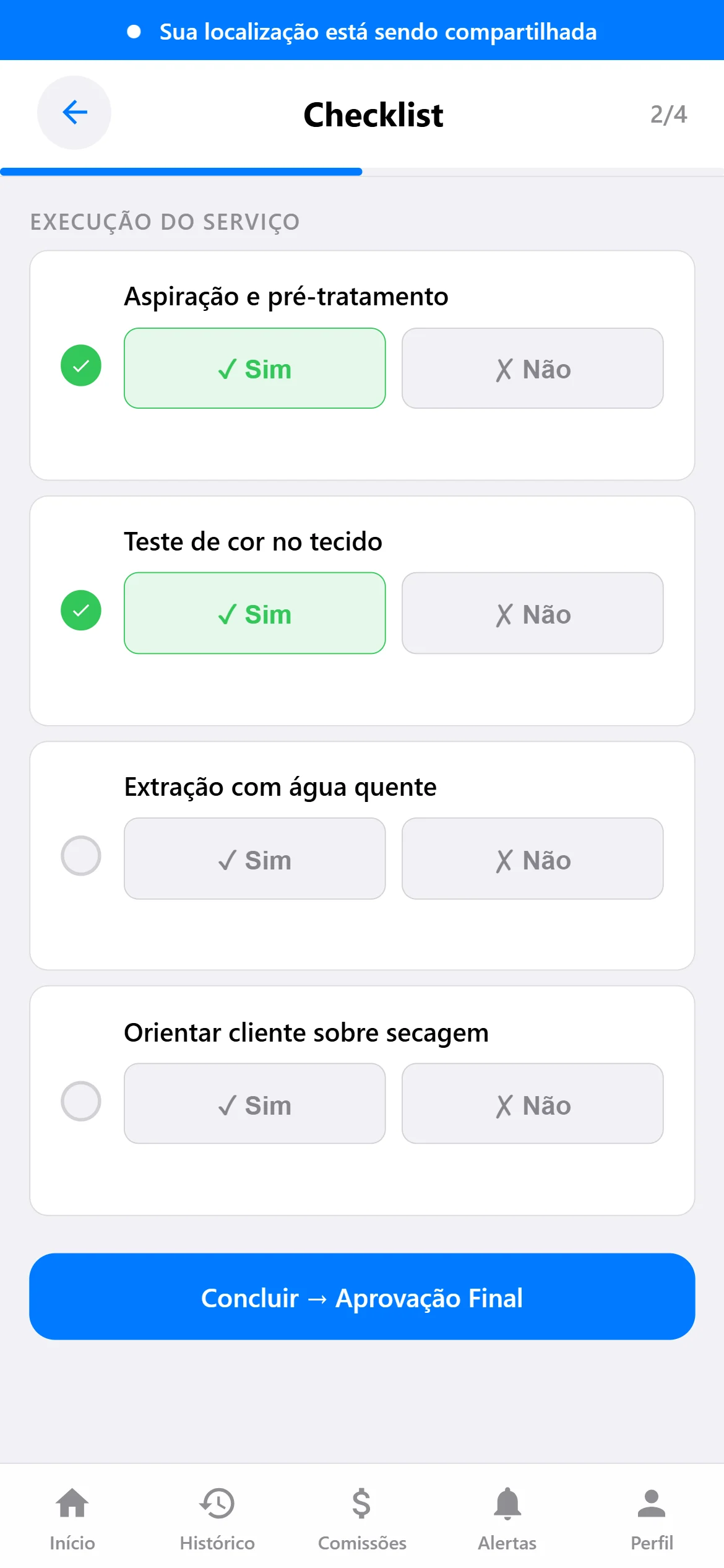 Checklist do serviço com itens marcados