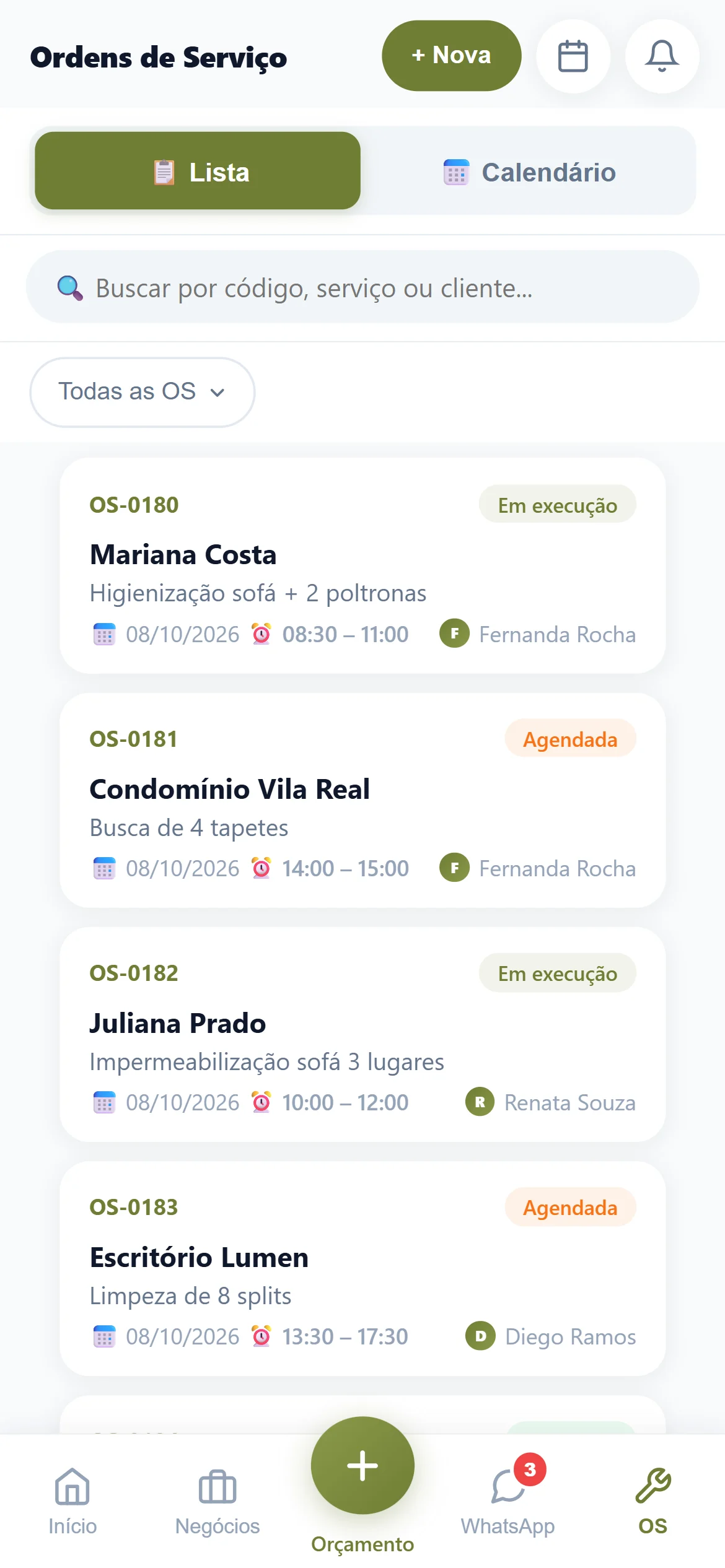 Ordens de serviço da equipe no celular